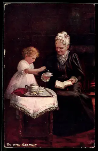 Künstler-AK Raphael Tuck & Sons Nr. 9542: Grossmutter mit Enkelin beim Tee