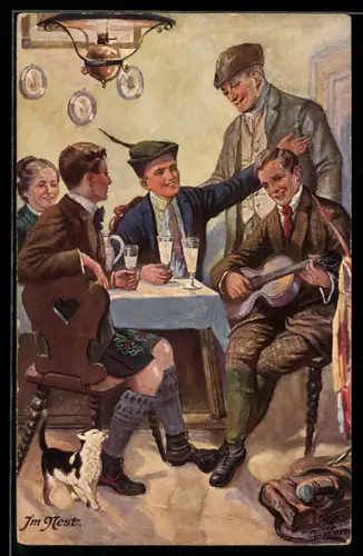 AK Wanderer in einem Wirtshaus machen Musik