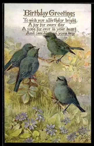 Künstler-AK Raphael Tuck & Sons Nr. 3191: Vögel mit Blumen, Geburtstagsgruss