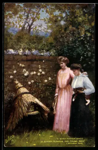 Künstler-AK Zwei Damen stehen vor einem Bienenstock im Garten