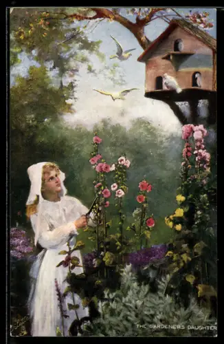 Künstler-AK Raphael Tuck & Sons Nr. 9032: Junge Frau am Vogelhaus