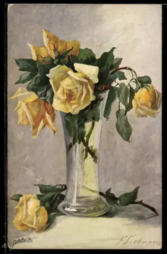 Künstler-AK Raphael Tuck & Sons Nr. 9679: Vase mit gelben Rosen