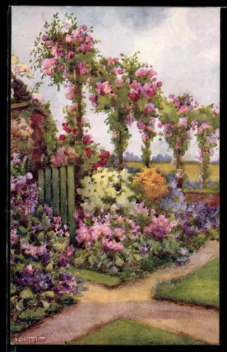 Künstler-AK Raphael Tuck & Sons Nr. 2355: Blumenbeete im Garten