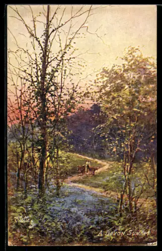 Künstler-AK Raphael Tuck & Sons Nr. 7841: Devon, Wald bei Sonnenuntergang