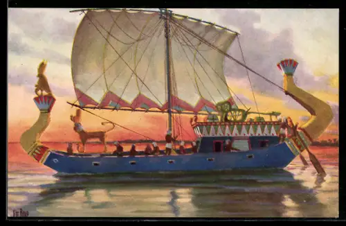 Künstler-AK Christopher Rave: Alt-Ägypten, Reiseschiff eines Prinzen in Fahrt