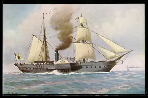 Künstler-AK Chr. Rave: Deutsche Radkorvette Barbarossa 1840 in der Nähe der Küste