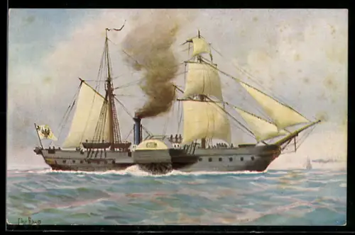 Künstler-AK Chr. Rave: Deutsche Radkorvette Barbarossa 1840 in der Nähe der Küste