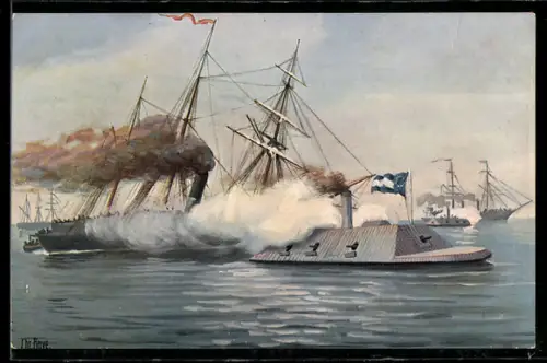 Künstler-AK Christopher Rave: Angriff von Panzerkanonenbooten auf das Blockadegeschwader vor Charleston 1861