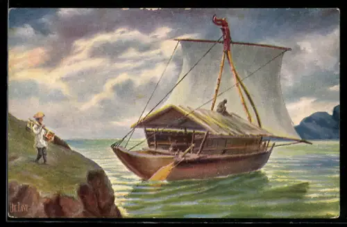 Künstler-AK Christopher Rave: Indien, Segelboot mit Schilfverdeck