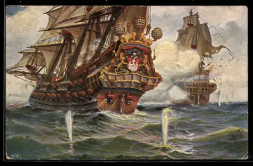 Künstler-AK Christopher Rave: Hamburgisches Konvoischiff Das Wappen von Hamburg im Kampf mit Piraten
