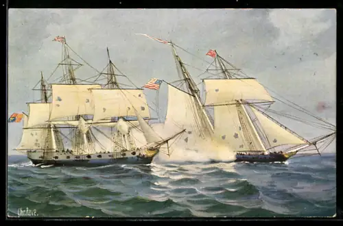 Künstler-AK Christopher Rave: Amerik. Schoner Rossie im Kampf mit engl. Kriegsschiff Prinzess Amelia 16.9.1812