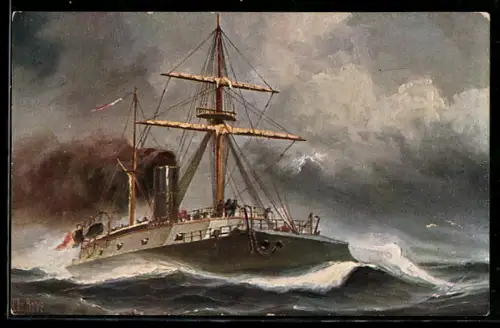 Künstler-AK Christopher Rave: Franz. Pamzerkanonenboot Le Rochambeau um 1870