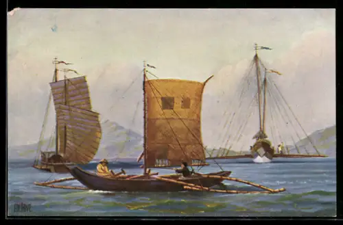 Künstler-AK Christopher Rave: Marine-Galerie, Karte Nr. 126, Segelboot an der Küste von Manila