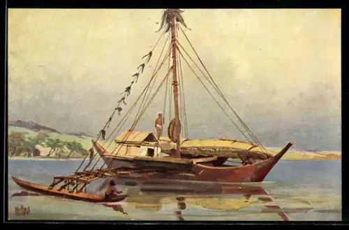 Künstler-AK Christopher Rave: Boot mit Ausleger von den Marschallinseln