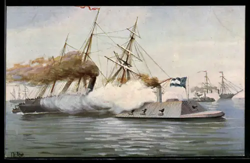 Künstler-AK Christopher Rave: Angriff von Panzerkanonenbooten auf das Blockadegeschwader vor Charleston 1861