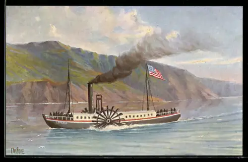 Künstler-AK Chr. Rave: Erster Raddampfer auf dem Hudson 1807
