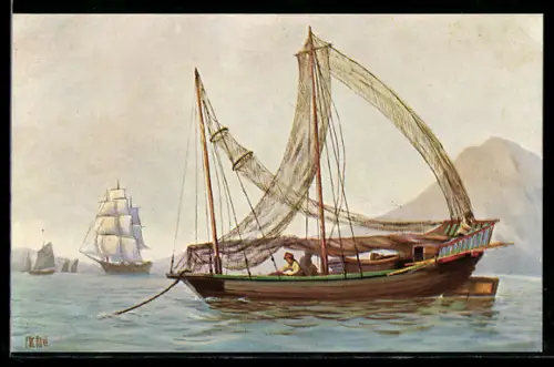 Künstler-AK Chr. Rave: Grosses chinesisches Fischerboot vor Anker