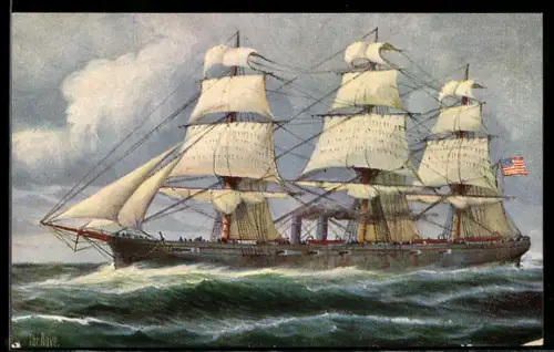 Künstler-AK Chr. Rave: Amerikanisches Kriegsschiff mit Vollschifftakelung aus dem 19. Jahrhundert