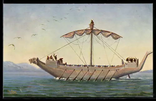 Künstler-AK Christopher Rave: Marine-Galerie, Karte Nr. 144, Kriegsschiff unter Ramses III.