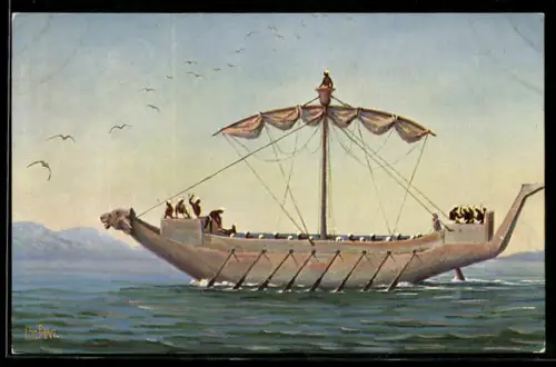 Künstler-AK Christopher Rave: Marine-Galerie, Karte Nr. 144, Kriegsschiff unter Ramses III.