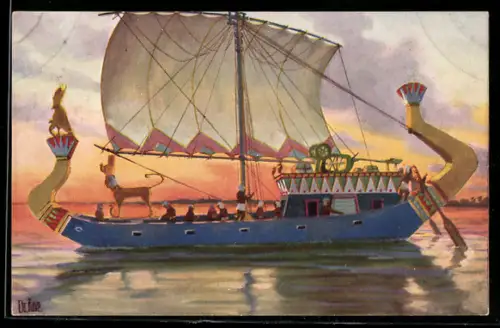 Künstler-AK Christopher Rave: Alt-Ägypten, Reiseschiff eines Prinzen in Fahrt