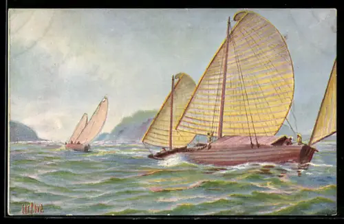 Künstler-AK Chr. Rave: Transportvaartuig in den Golf van Tonking, Tegenw. tijd.