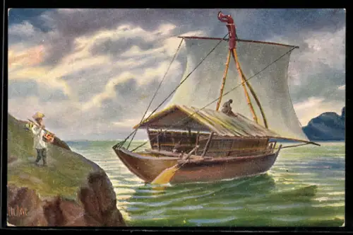 Künstler-AK Christopher Rave: Indien, Segelboot mit Schilfverdeck