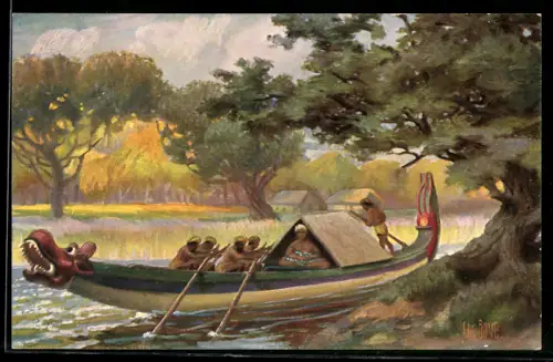 Künstler-AK Chr. Rave Nr. 55: Indisches Ruderboot, 19. Jhd.