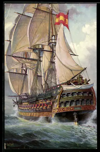 Künstler-AK Christopher Rave: Spanischer Dreidecker Santa Ana Anfang des 19. Jahrh.