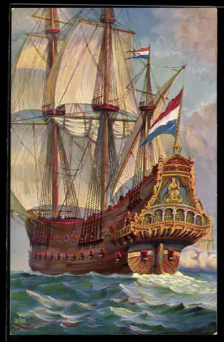 Künstler-AK Christopher Rave: Marine-Galerie, Karte Nr. 205, Flaggschiff des holländischen Admirals de Ruyter