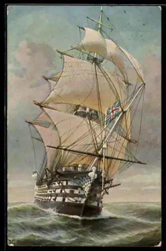 Künstler-AK Christopher Rave: Segelschiff Englischer Dreidecker Victory, Flaggschiff d. Admiral Nelson in Trafalgar 1805