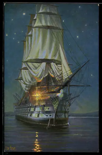 Künstler-AK Christopher Rave: Englischer Dreidecker Victory bei Nacht