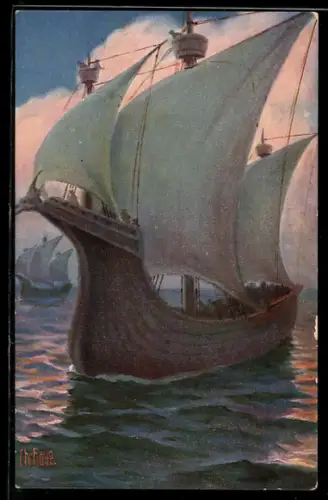 Künstler-AK Christopher Rave: Englisches Kriegsschiff unter Eduard III. 1335 auf hoher See