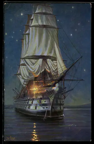 Künstler-AK Christopher Rave: Englischer Dreidecker Victory bei Nacht