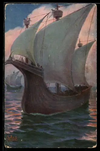 Künstler-AK Christopher Rave: Englisches Kriegsschiff unter Eduard III. 1335 auf hoher See