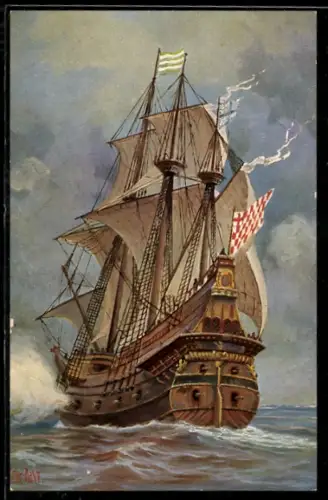 Künstler-AK Christopher Rave: Kriegsschiff auf hoher See, 16. Jahrhundert