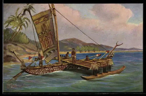 Künstler-AK Chr. Rave Nr. 88: Boot mit Ausleger von den Hermitininseln