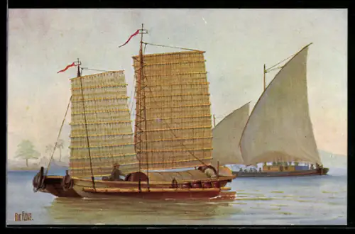 Künstler-AK Christopher Rave: Kleineres Transportboot mit Mattensegeln, Philippinen, 19. Jh.