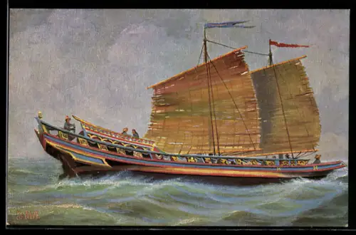 Künstler-AK Christopher Rave: Philippinen, Transportboot mit Mattensegeln, 19. Jahrhundert