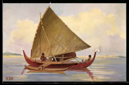 Künstler-AK Christopher Rave: Fischerboot mit Ausleger vor dre Insel Jap. 19, Jahrhundert