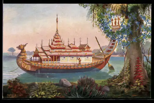 Künstler-AK Christopher Rave: Boot des Kaisers von Birna im 19. Jahrhundert, vor Anker liegend