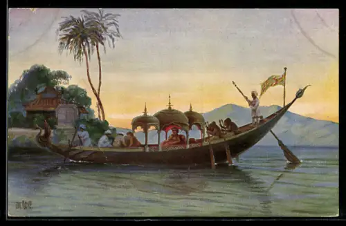 Künstler-AK Chr. Rave: Birma, Zeremonienboot des Kaisers, 19. Jahrhundert
