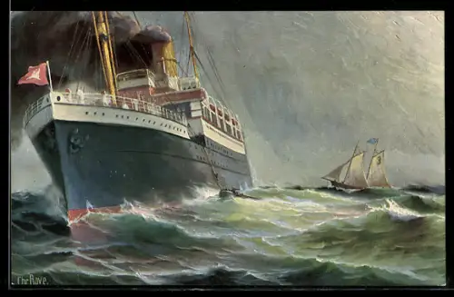 Künstler-AK Christopher Rave: Ein deutscher Ozeandampfer, der Lotse geht an Bord