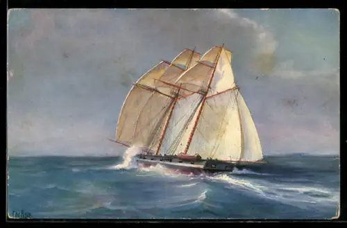 Künstler-AK Christopher Rave: Kriegsschoner auf hoher See, 1. Hälfte des 19. Jahrhunderts