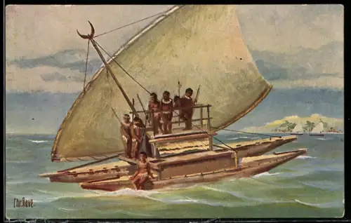 Künstler-AK Christopher Rave: Kriegskanoe von der Insel Viti, Jetztzeit
