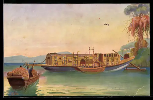 Künstler-AK Christopher Rave: Transportboot auf dem Tigris mit kleineren Booten