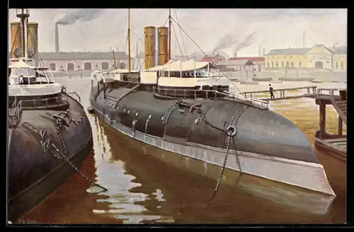 Künstler-AK Christopher Rave: Französische Küstenpanzerboote bei Cherbourg um 1907