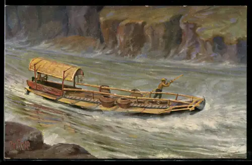 Künstler-AK Christopher Rave: Philippinen, Transportboot in den Stromschnellen, 19. Jahrhundert