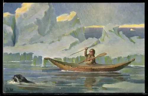 Künstler-AK Christopher Rave: Grönlandboot Kajak, Robbenjagd