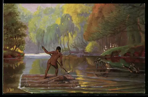 Künstler-AK Christopher Rave: Mann auf einem Floss, Steinzeit